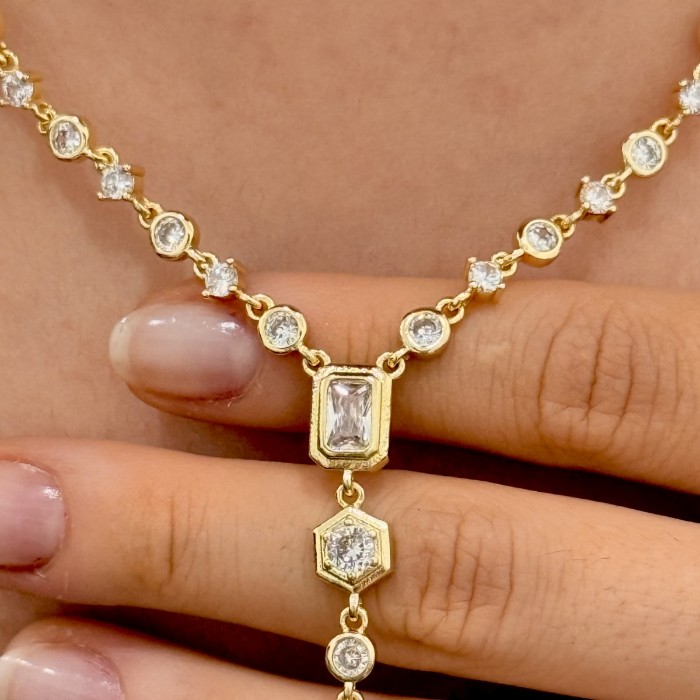 Taşlı Y Form Gold Kolye resmi
